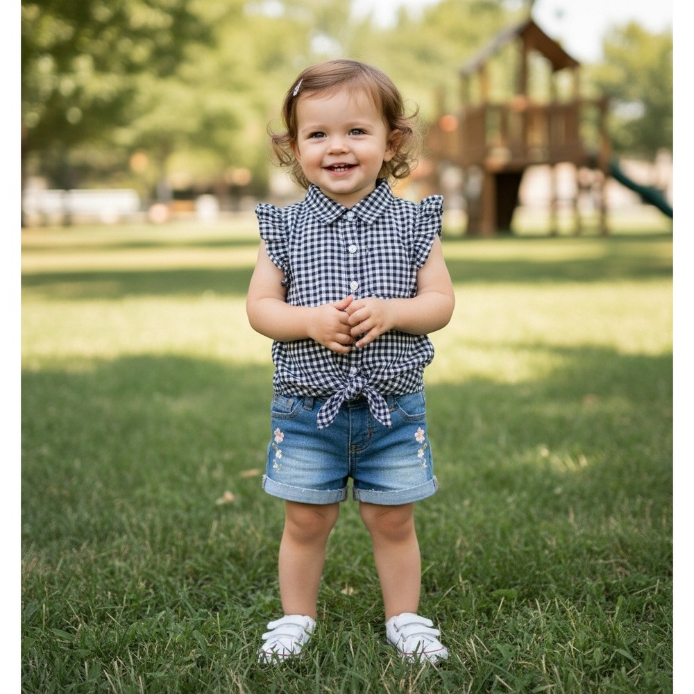 Cat & Jack Toddler Girls Navy Cotton Gingham Ruffle Sleeve Tie Front  Shirt‎ 2T